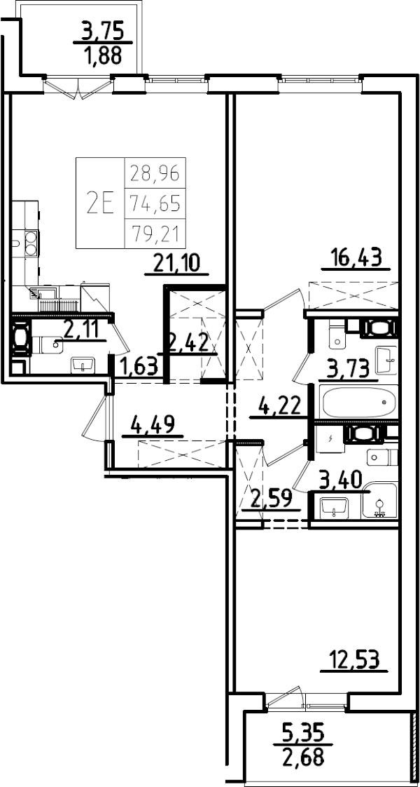 2-комнатная квартира 79.21 м², 7/9 эт., ЖК «IQ Гатчина 3»